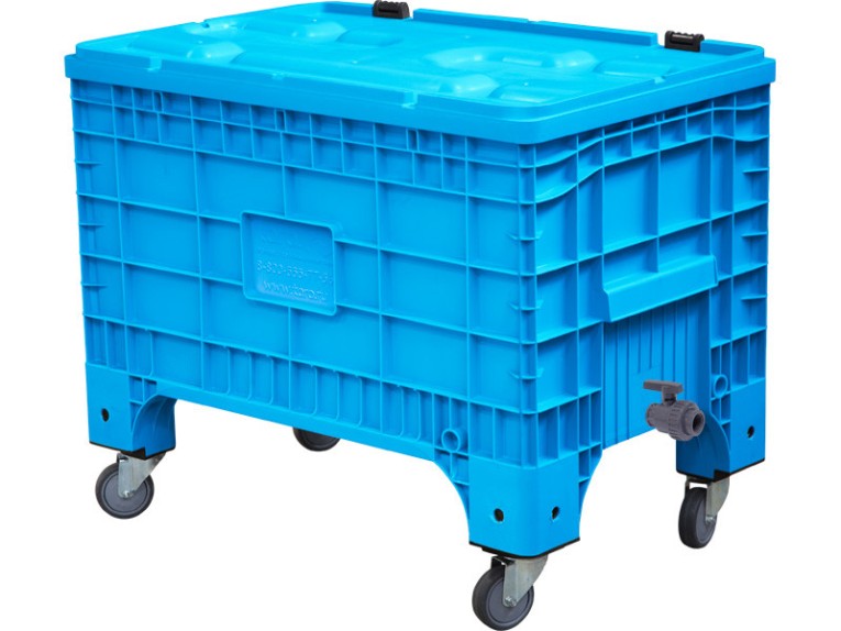 Контейнер 1017х636х793 сплошной, на колёсах, с крышкой на петлях, с КШ 1 внешняя резьба цв. сини купить в Северодвинске Контейнер 1017х636х793 сплошной, на колёсах, с крышкой на петлях, с КШ 1 внешняя резьба цв. сини купить в Северодвинске